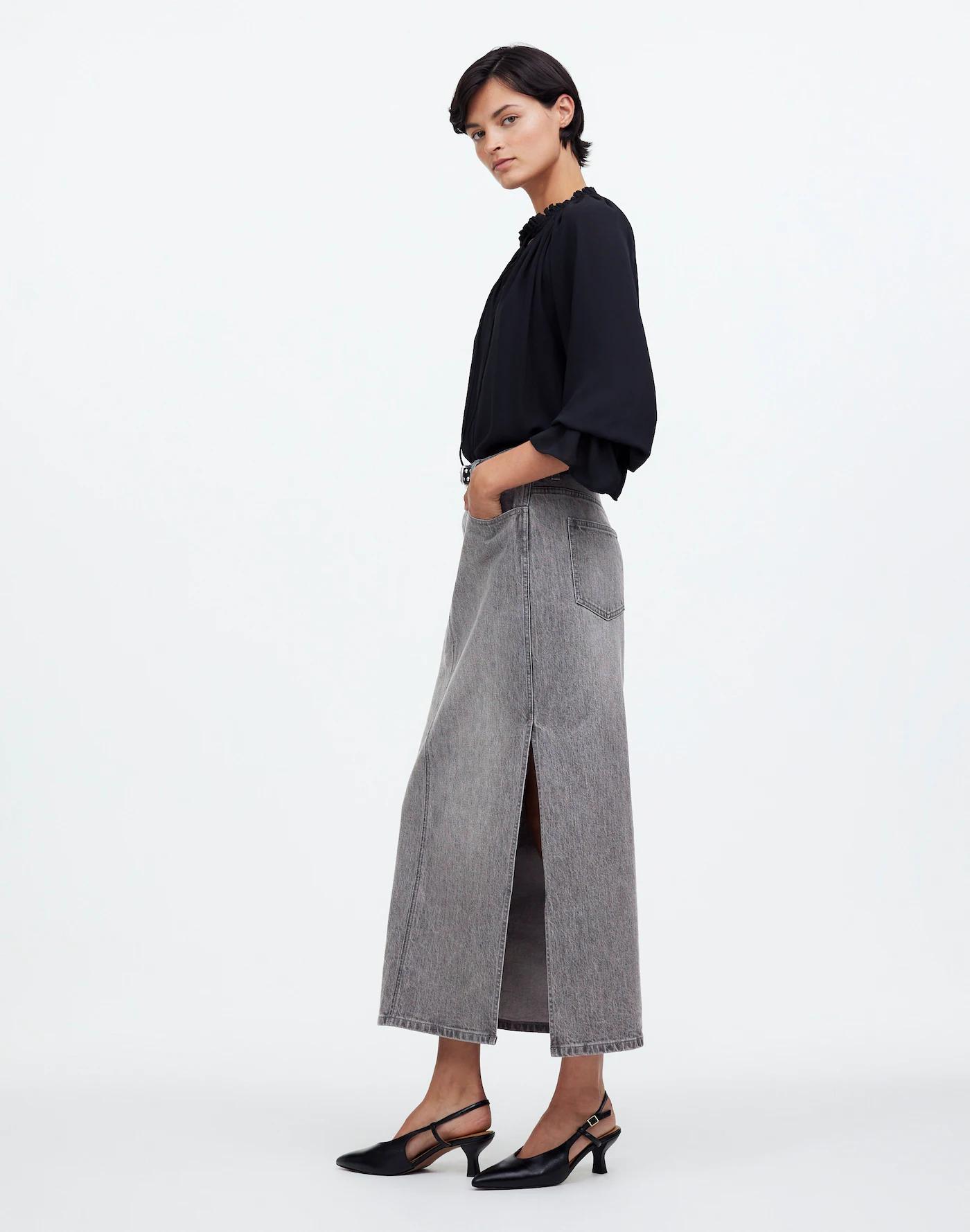 Denim Side-Slit Midi Skirt in Hallandale Wash Product Image
