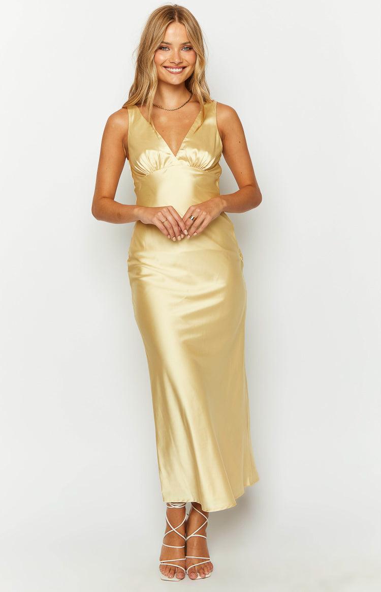 Verlaine Yellow Satin Maxi Dress Product Image