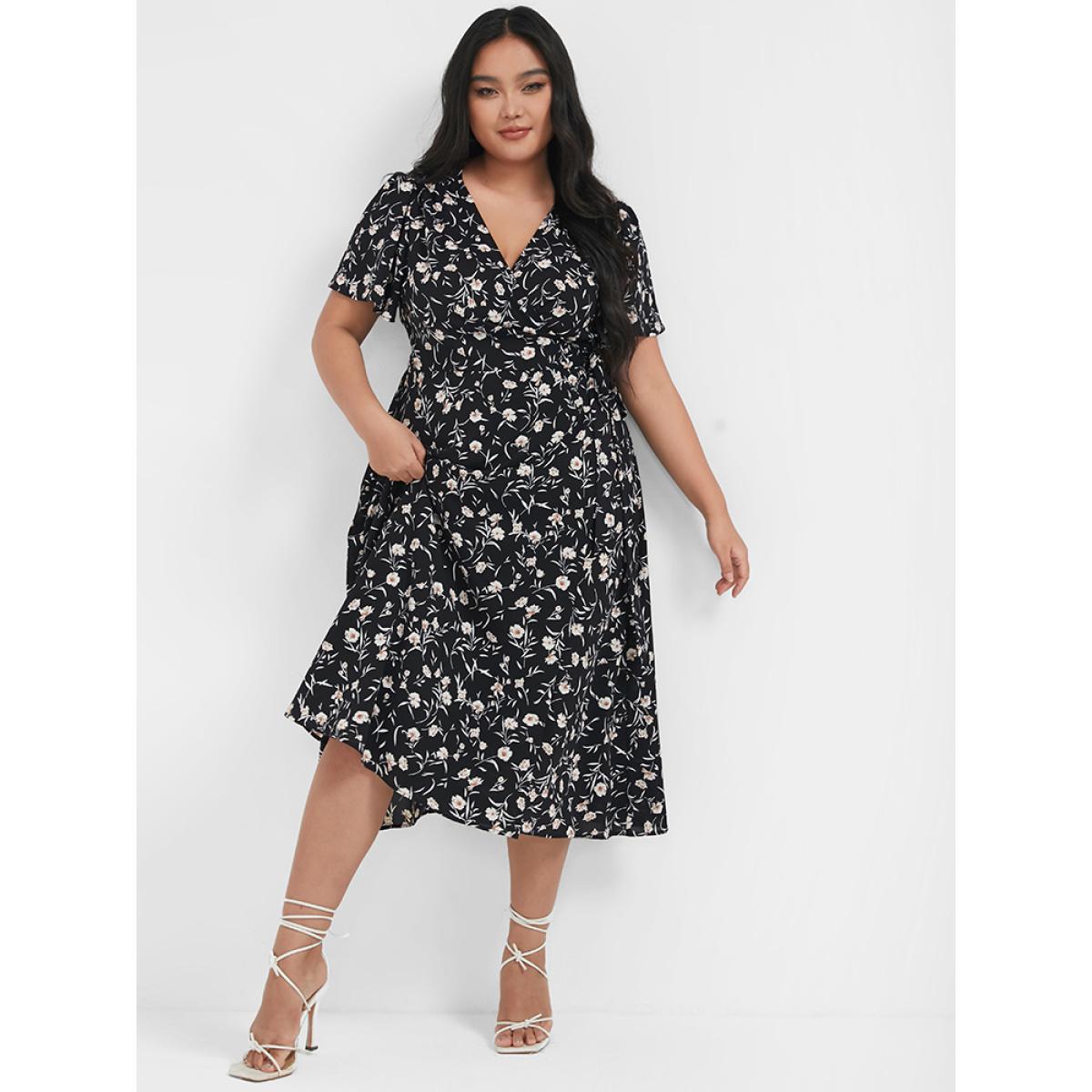 Plus Size Floral V Neck Ties Ruffled Split Midi Dress BlackFlower Women Elegant Slit V-neck Short sleeve Curvy Midi Dress BloomChic 26/4X Product Image