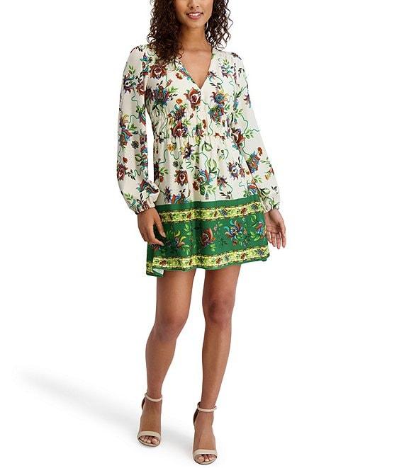 SIENA Floral Print V-Neck Long Sleeve Woven Shift Mini Dress Product Image