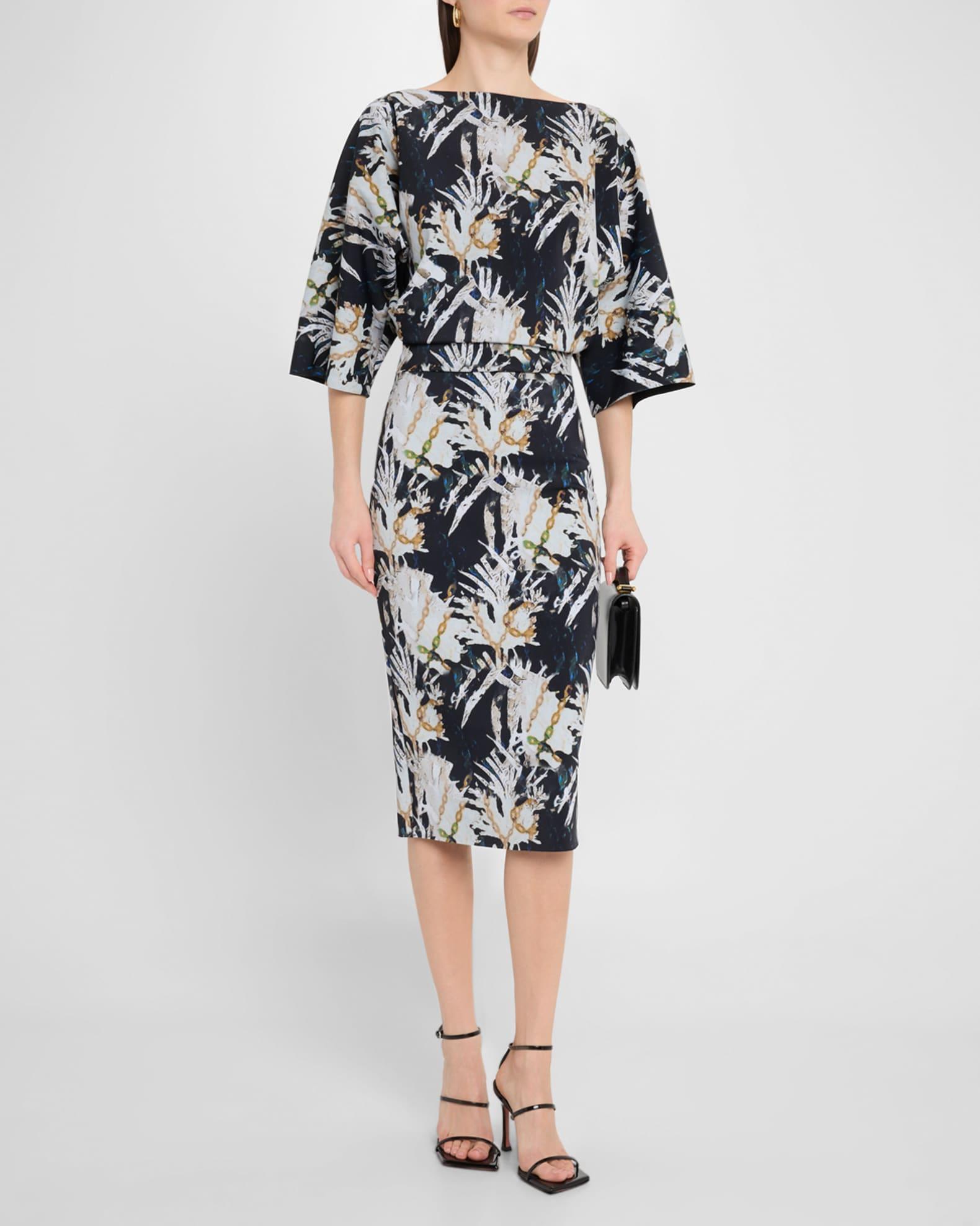 Abstract-Print Blouson Midi Dress Product Image