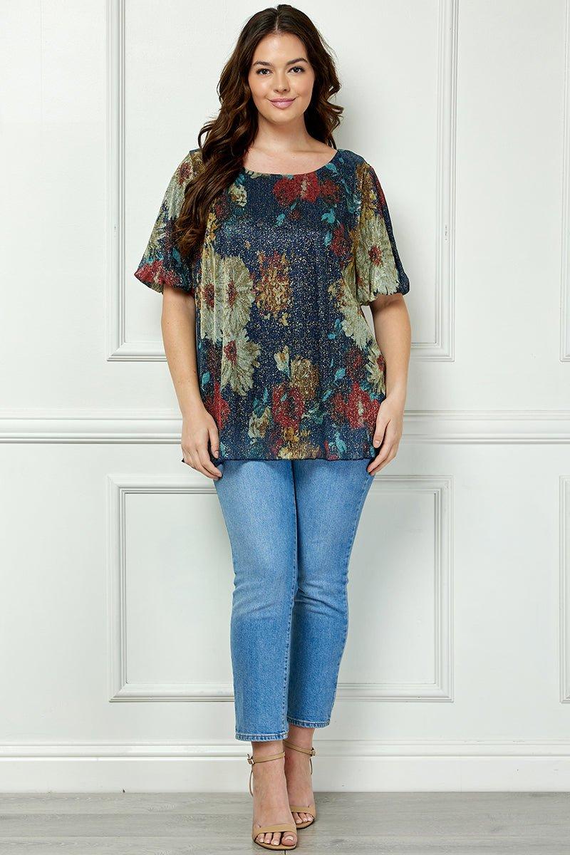 Short Puff Sleeve Scoop Neck Bubble Blouse - Plus Product Image