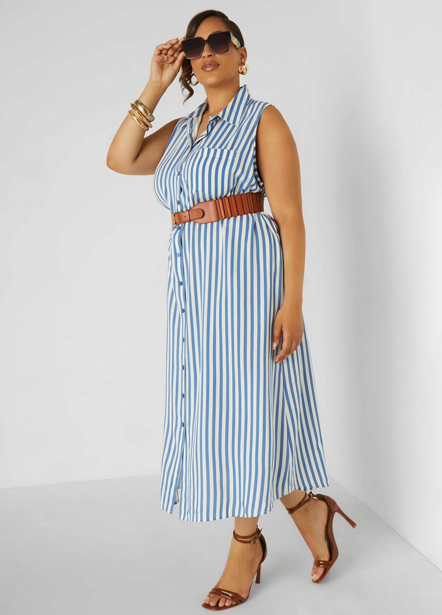 Plus Size Button Front Striped Shirtdress Ashley Stewart Product Image