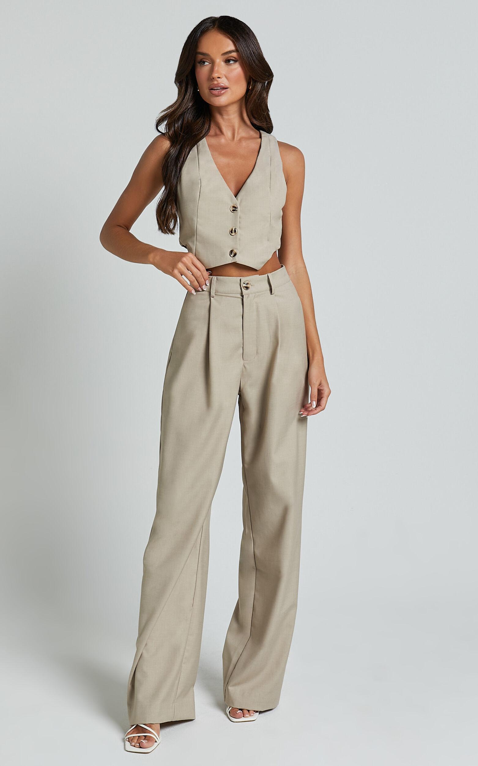 Izara Trousers - Mid Rise Relaxed Straight Leg Tailored Trousers in Oatmeal Product Image