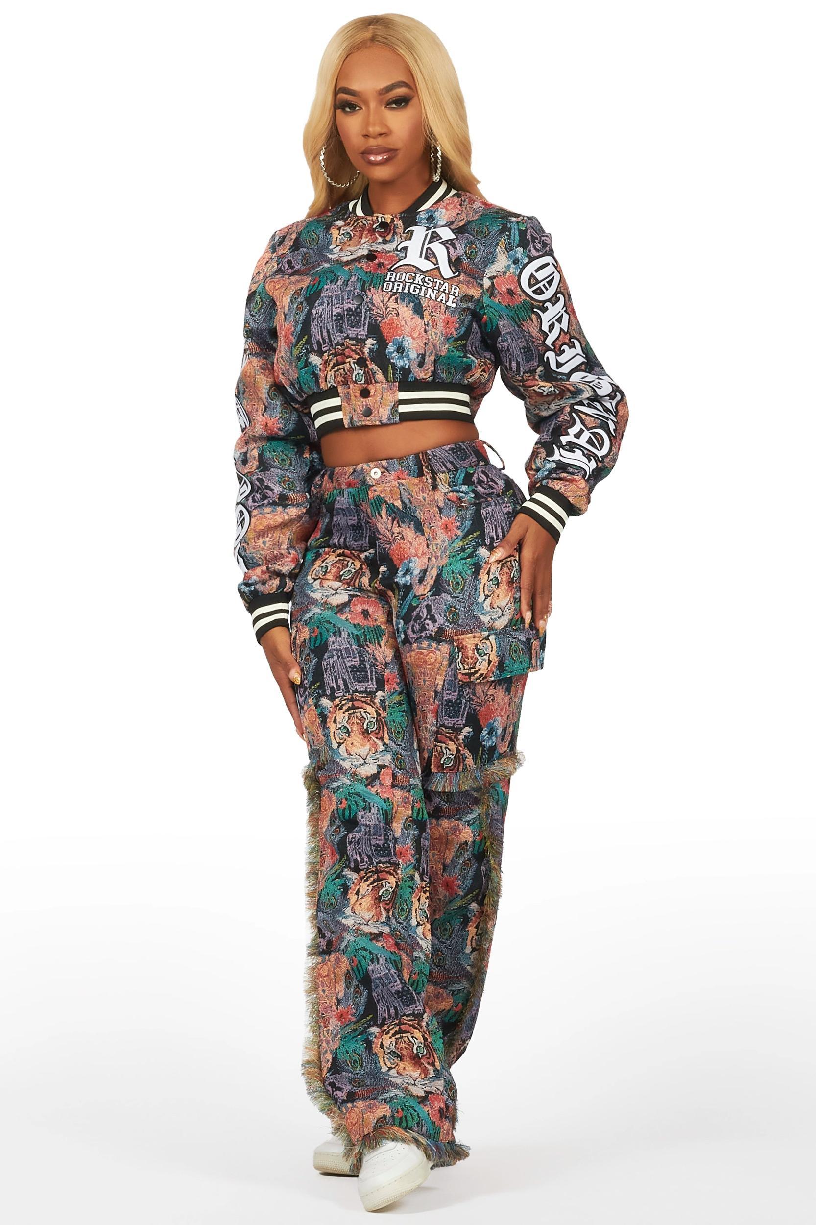 Rena Black Crop Tapestry Varsity Jacket Female Product Image