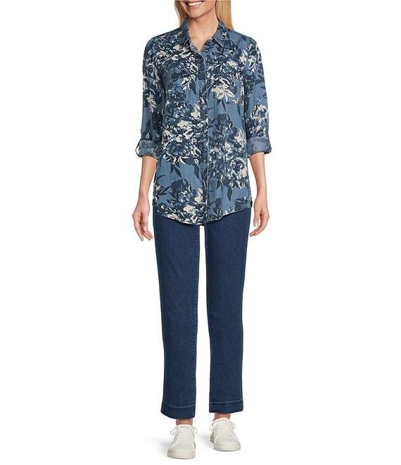 Intro Lyocell Floral Print Collared Long Roll-Tab Sleeve Snap Front Shirt Product Image