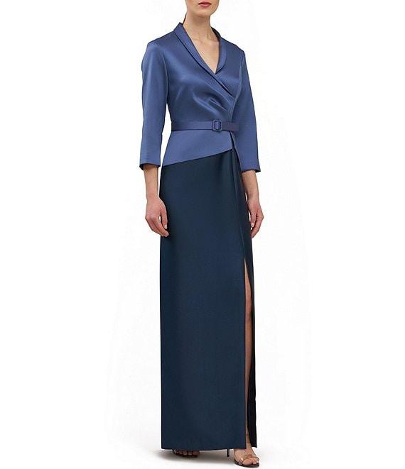 Kay Unger Annabeth V-neck 3/4 sleeve Belted Two Tone Stretch Mikado Column Gown Product Image