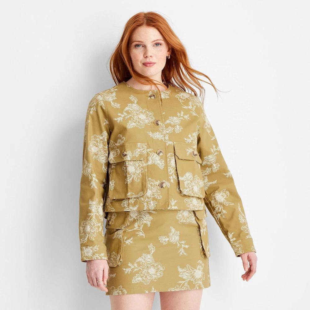 Women's Utility Bomber Jacket - Future Collective Khaki Floral 2X: Midweight Front Pockets Product Image