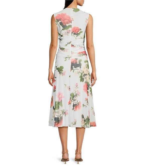 Calvin Klein Crew Neck Sleeveless Ruched Waist A Line Floral Mesh Midi Dress Product Image
