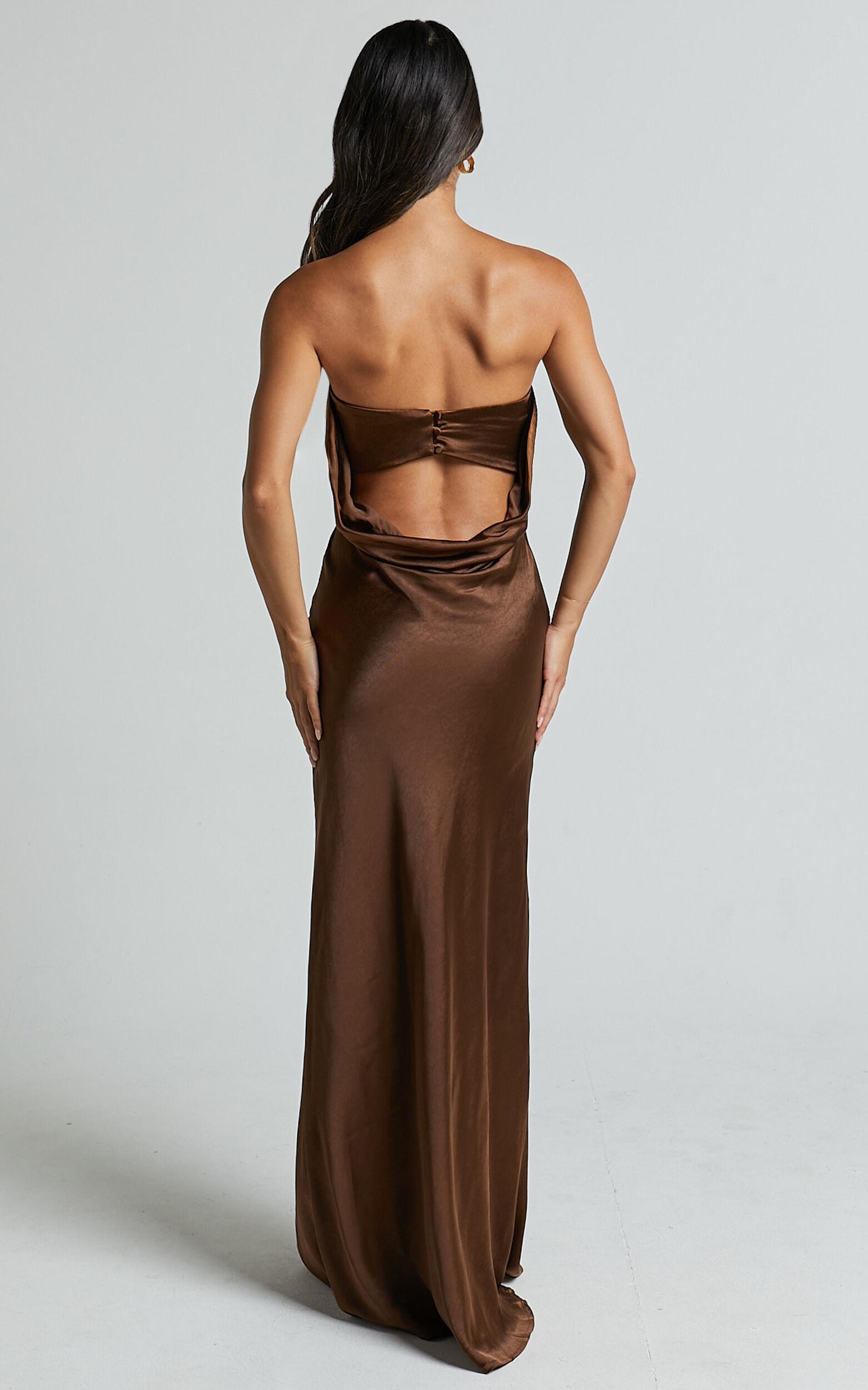 Charlita Maxi Dress - Strapless Cowl Back Satin Dress in Chocolate Product Image