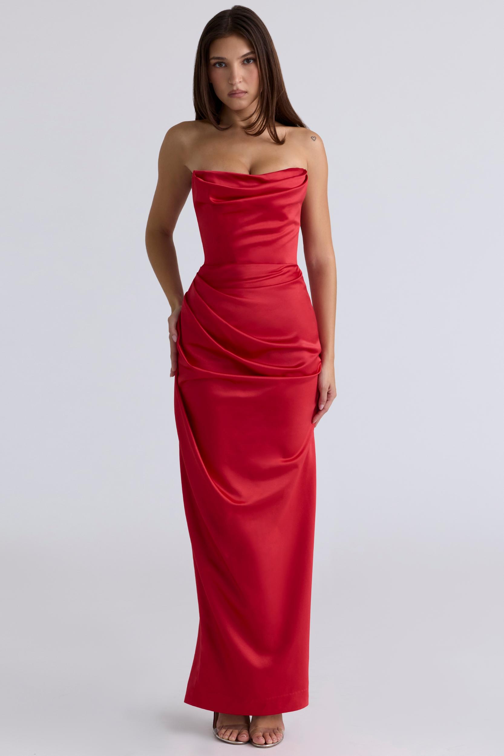 Adrienne  scarlet satin strapless gown Product Image