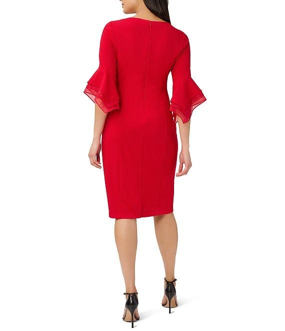 Adrianna Papell Stretch Crepe 3/4 Bell Sleeve Boat Neck Sheath Dress Product Image