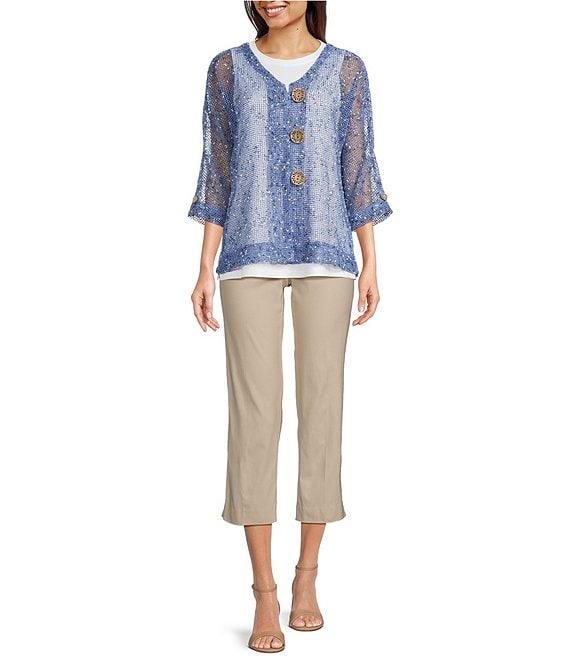 Ali Miles Mesh Woven V-Neck Elbow Sleeve Jacket Product Image