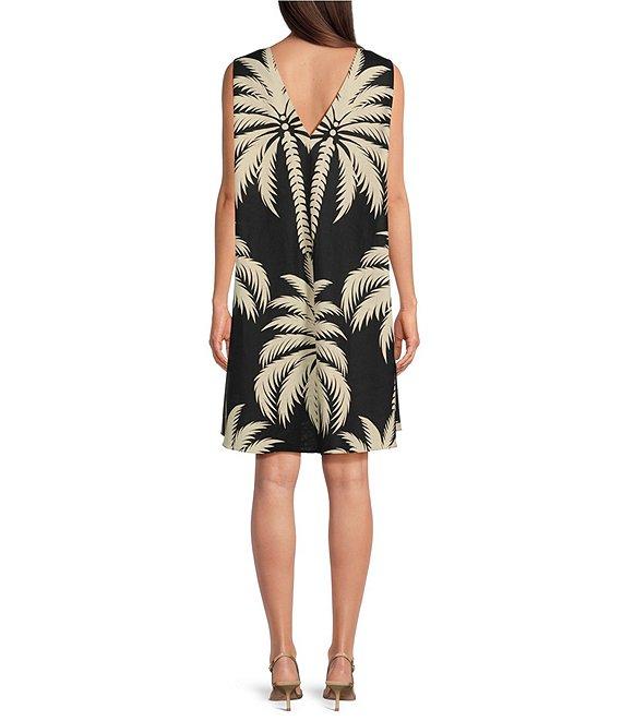 Gibson & Latimer Woven Tropical Palm Print Crew Neck Sleeveless Deep Backline Twist Caftan Dress Product Image
