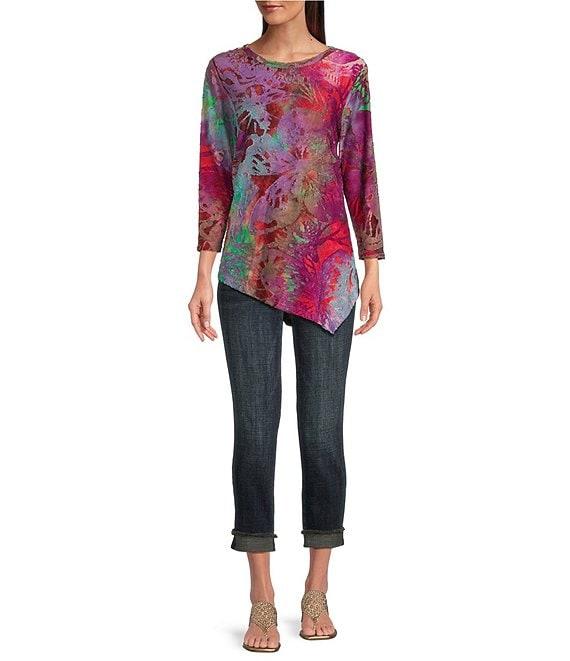 Calessa Petite Size Burnout Tie-Dye Crew Neck Bracelet Sleeve Asymmetric Hem Tunic Product Image