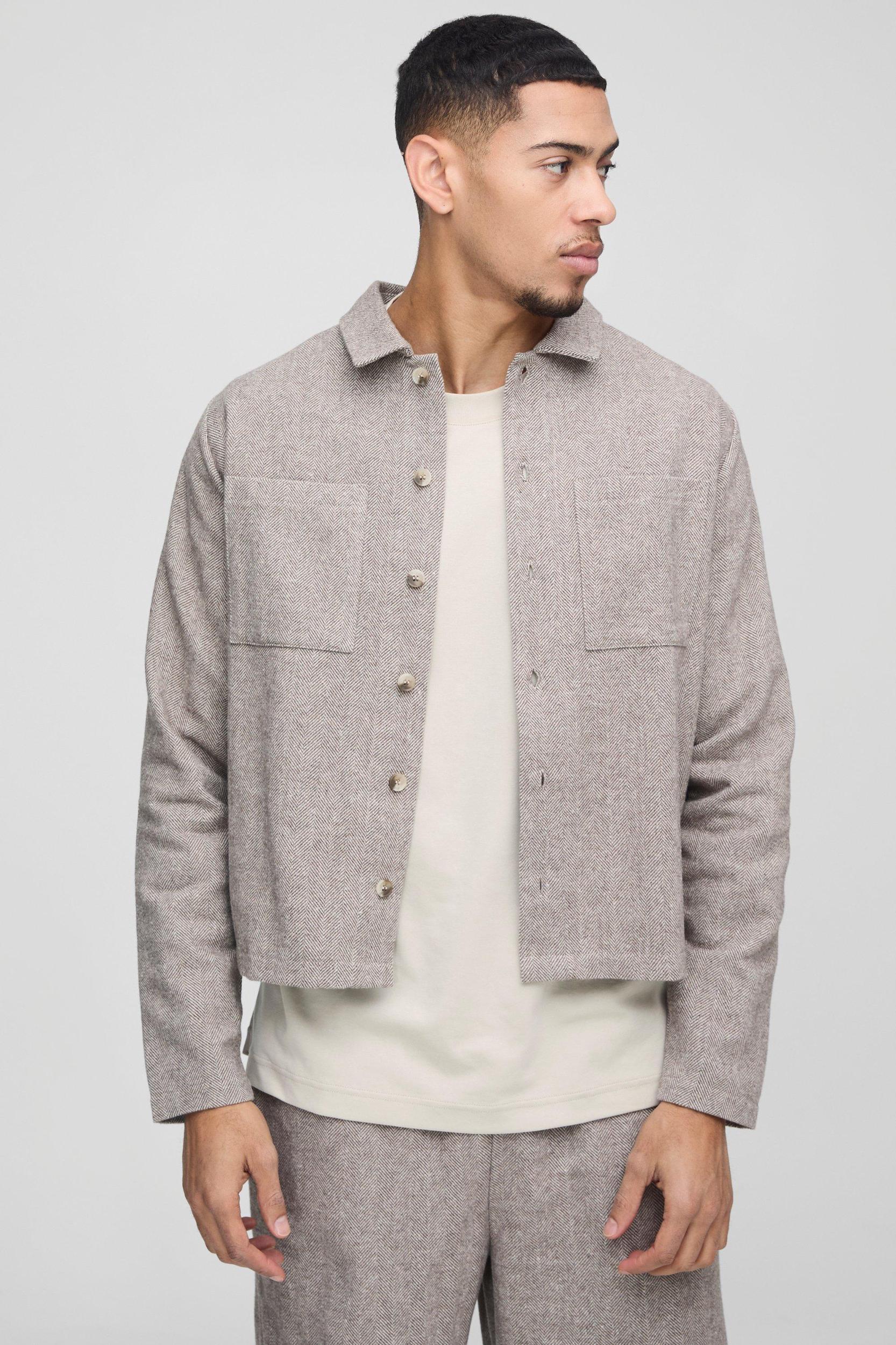 Oversized Boxy Fit Herringbone Cargo Pocket Harrington | boohooMAN USA Product Image