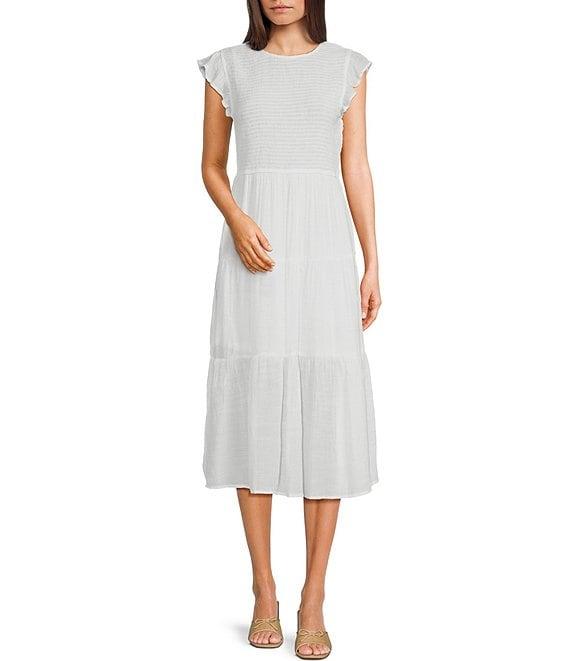 Blu Pepper Short Flutter Sleeve Smocked Tiered Midi Dress Product Image