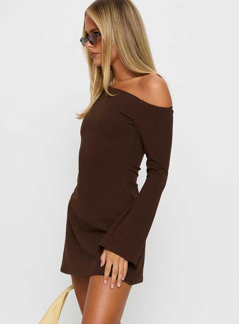 Adrietta Long Sleeve Off Shoulder Mini Dress Brown Product Image