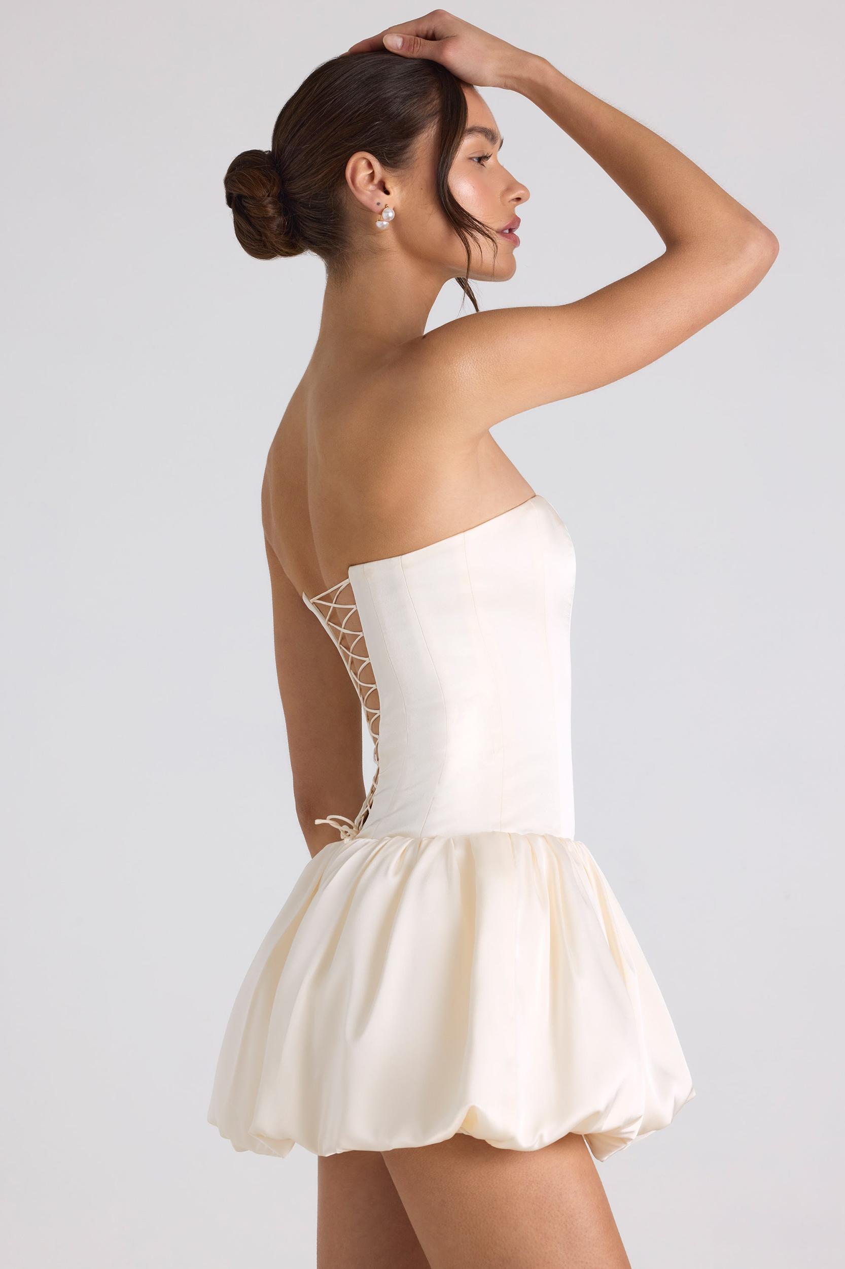 Lace-Up Bubble Hem Corset Mini Dress in Ivory Product Image