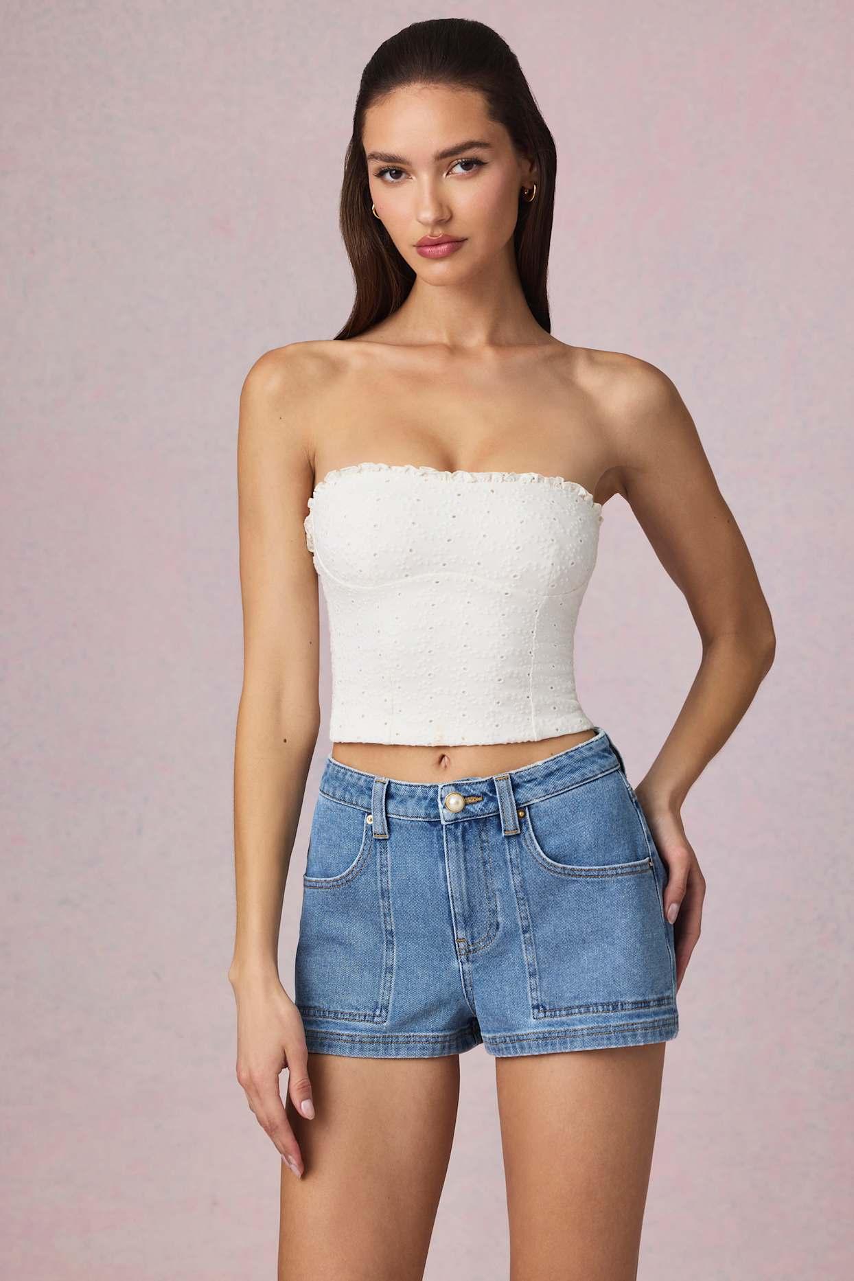 High-Waist A-Line Shorts in Mid-Blue Wash Product Image