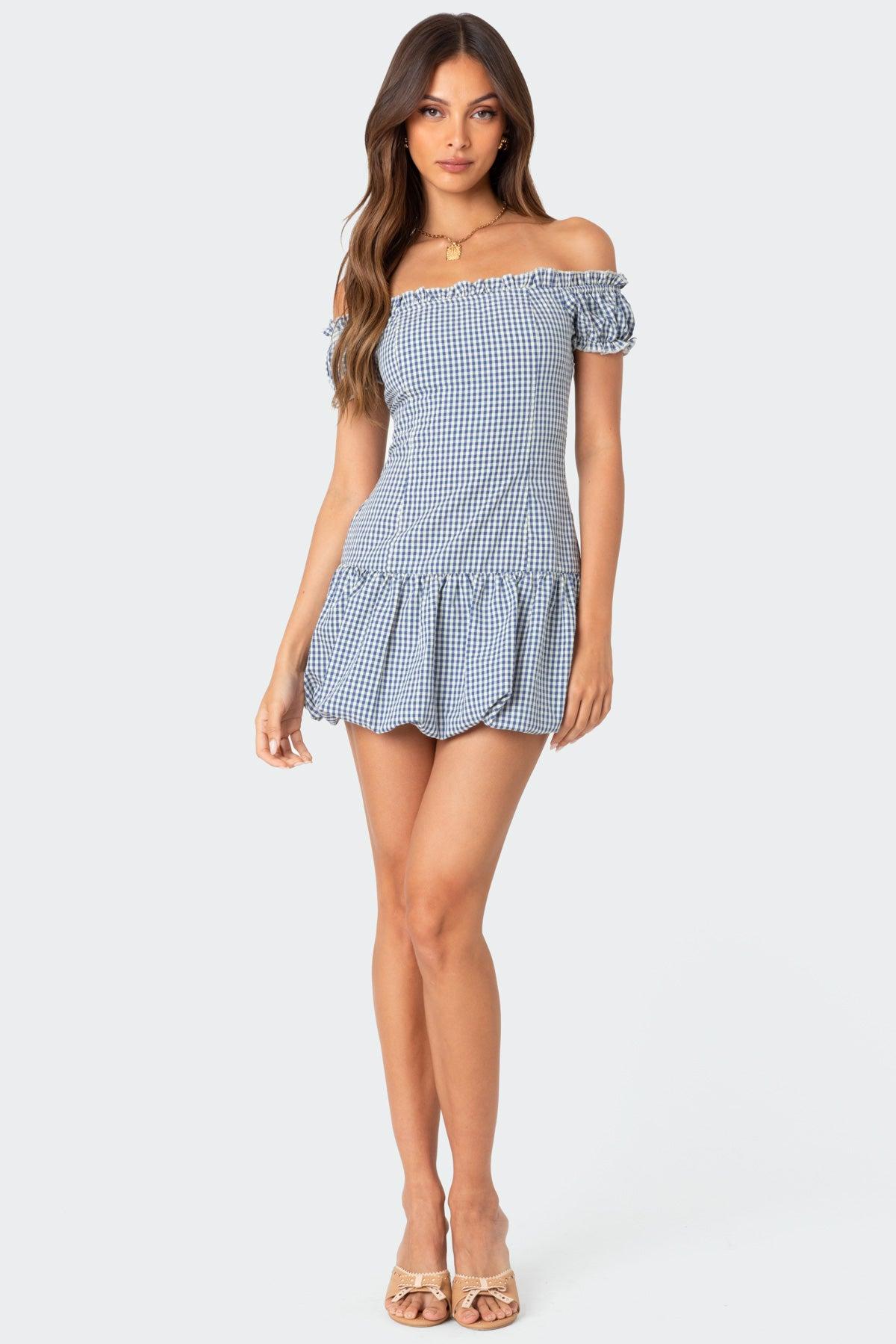 Gingham Off Shoulder Bubble Mini Dress Product Image