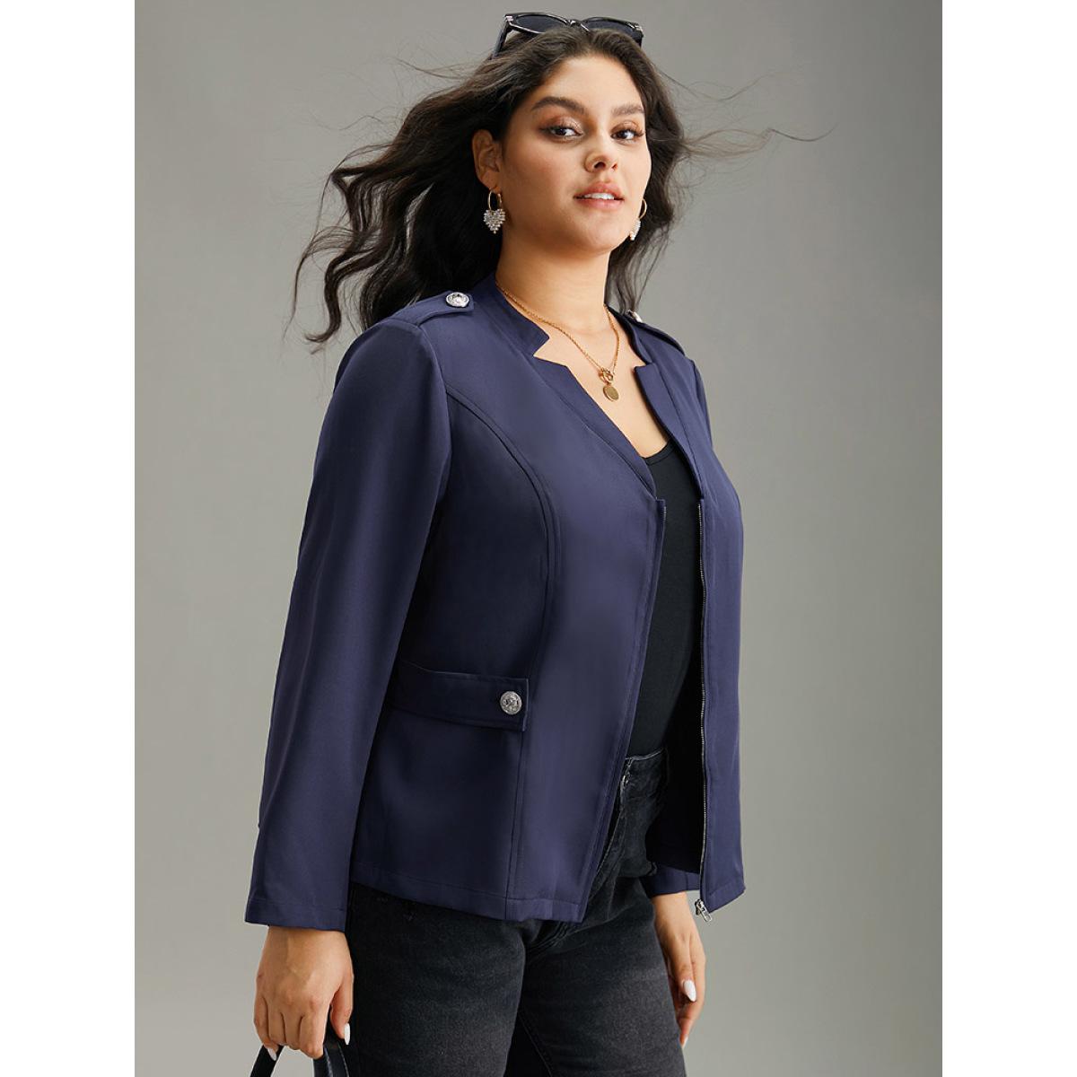 Plus Size Plain Button Detail Notched Zipper Blazer Indigo Women Office Plain Plain Sleeve Long Sleeve Notched collar 22-24/3X At the Office Blazers BloomChic Product Image