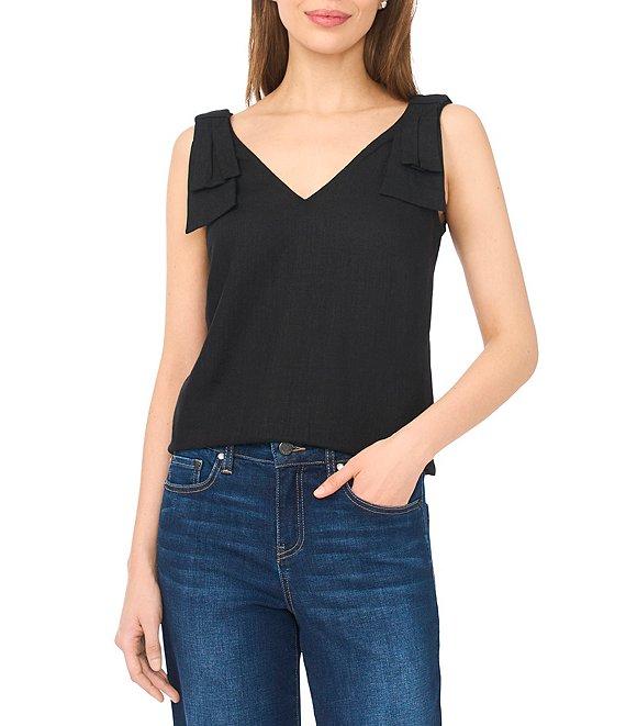 CeCe Woven V-Neck Sleeveless Bow Shoulder Tank Product Image