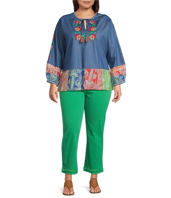 Calessa Plus Size Embroidered Border Patchwork Tassel Tie Keyhole Neck Wrist Length Sleeve Tunic Product Image