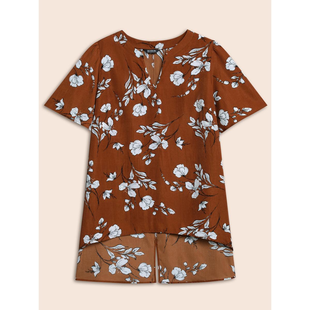 Plus Size Browncoffeecolor Floral Print Notched Collar Hi-Low Hem Blouse Women Elegant Half Sleeve Flat collar with V-notch Everyday Blouses BloomChic 14-16/1X Product Image