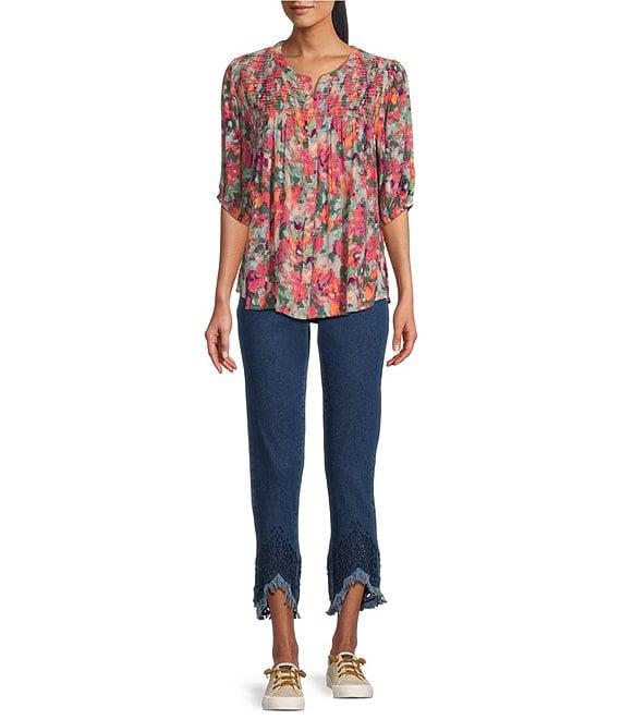 Intro Crinkle Gauze Brushstroke Print Crew Neck Elbow Sleeve Smocked Detail Button Front Blouse Product Image