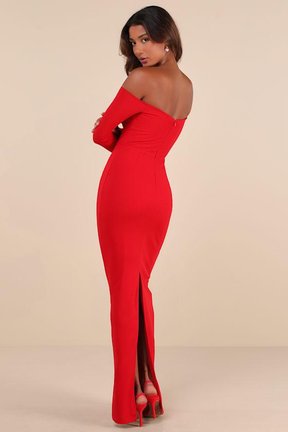 Opulent Perfection Red Long Sleeve Off-the-Shoulder Maxi Dress Product Image
