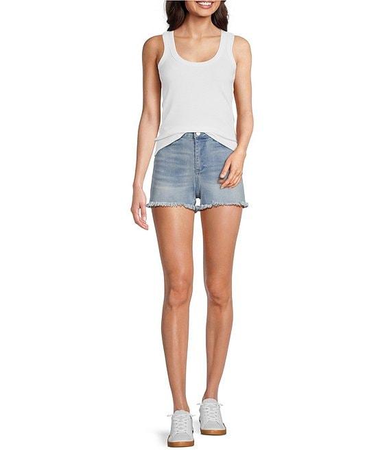 Reba Mid Rise 5 Pocket Frayed Hem Stretch Denim Cut Off Shorts Product Image