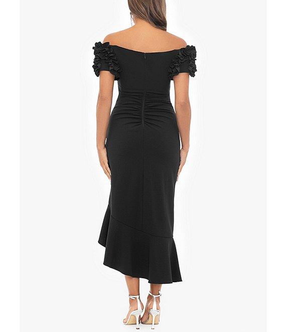 Xscape 3D Ruffle Off-the-Shoulder Ruffle Front Ruched Detail Midi Dress Product Image