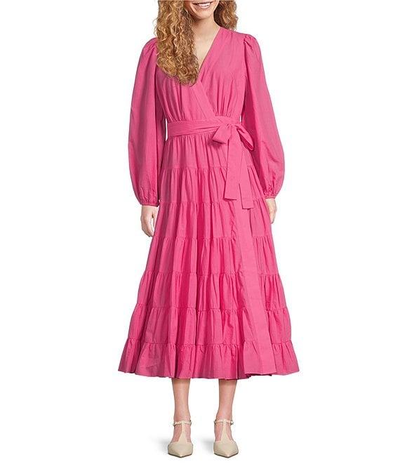 Gibson & Latimer Woven Poplin V-Neck Long Blouson Sleeve Tie at Side Wrap A-Line Flounce Midi Dress Product Image