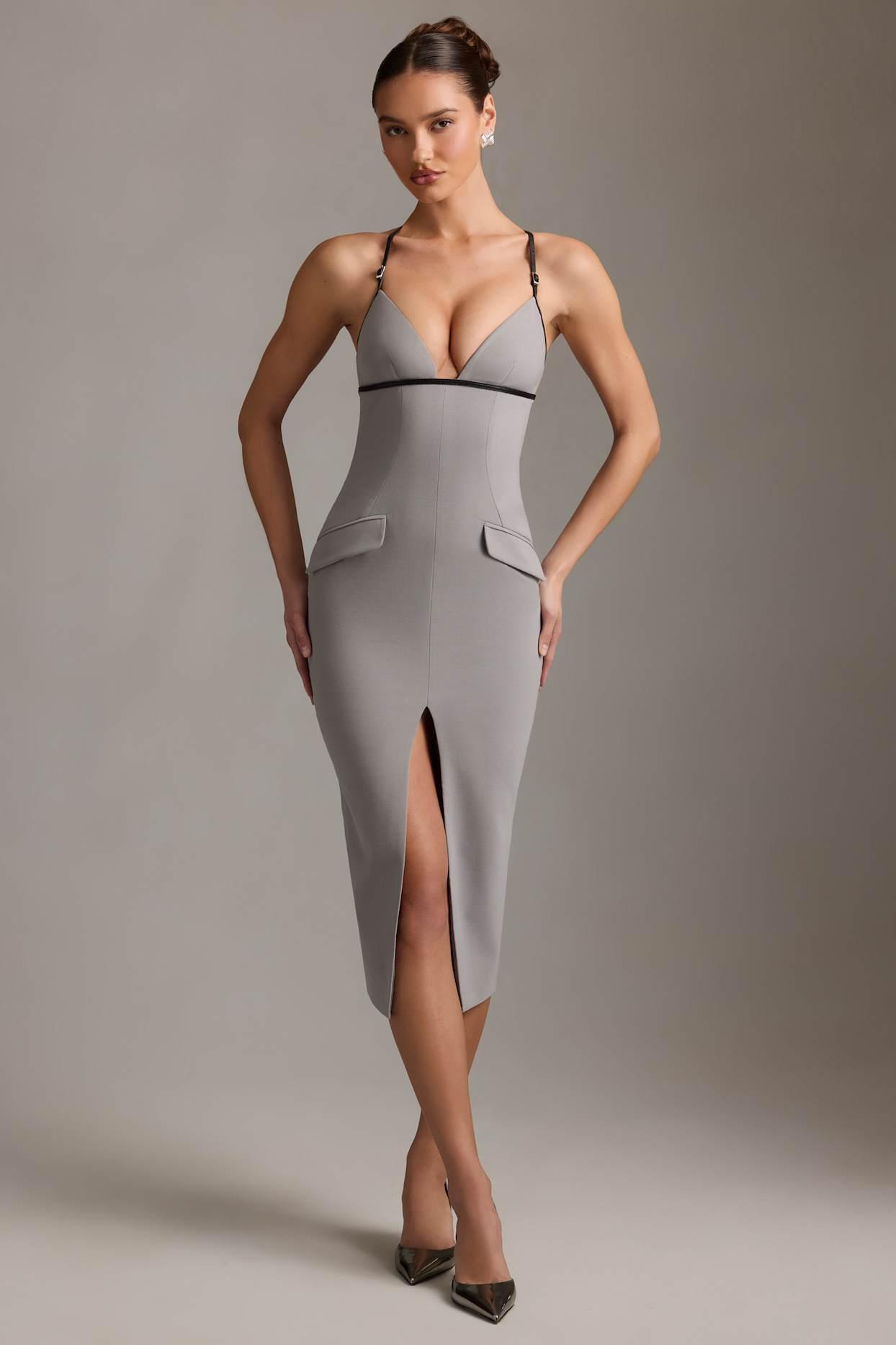 Plunge-Neck Backless Midaxi Dress in Grey Product Image