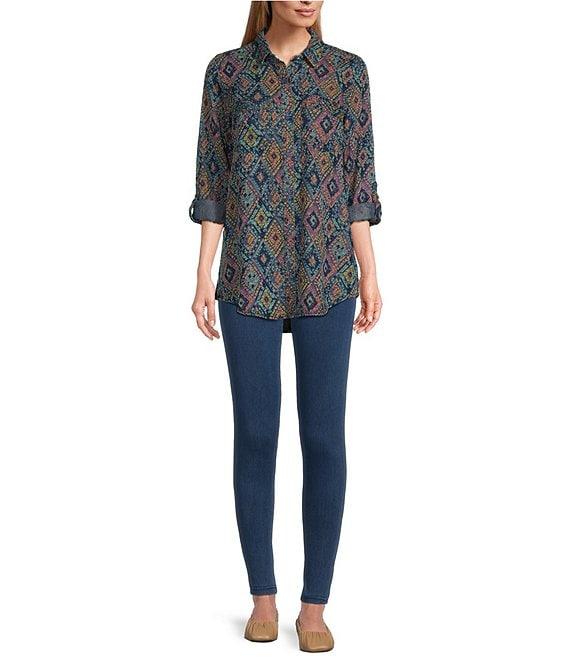 Intro Lyocell Geo Print Collared Long Roll-Tab Sleeve Snap-Front Shirt Product Image