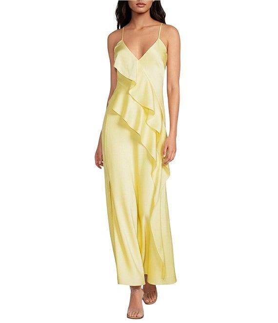 Gianni Bini Quinn Ruffle Draped V-Neck Sleeveless Satin Dress Product Image