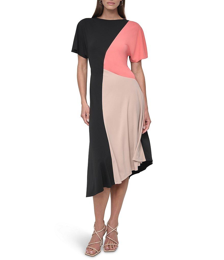 DKNY by Donna Karan Knit Colorblock Print Crew Neck Short Sleeve Midi Dress Product Image