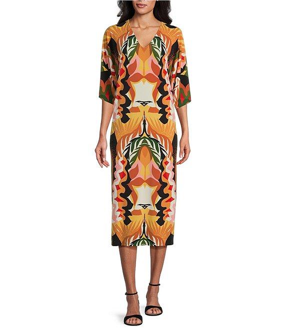 Eva Varro Abstract Leaf Print V-Neck Elbow Sleeve Dress Product Image