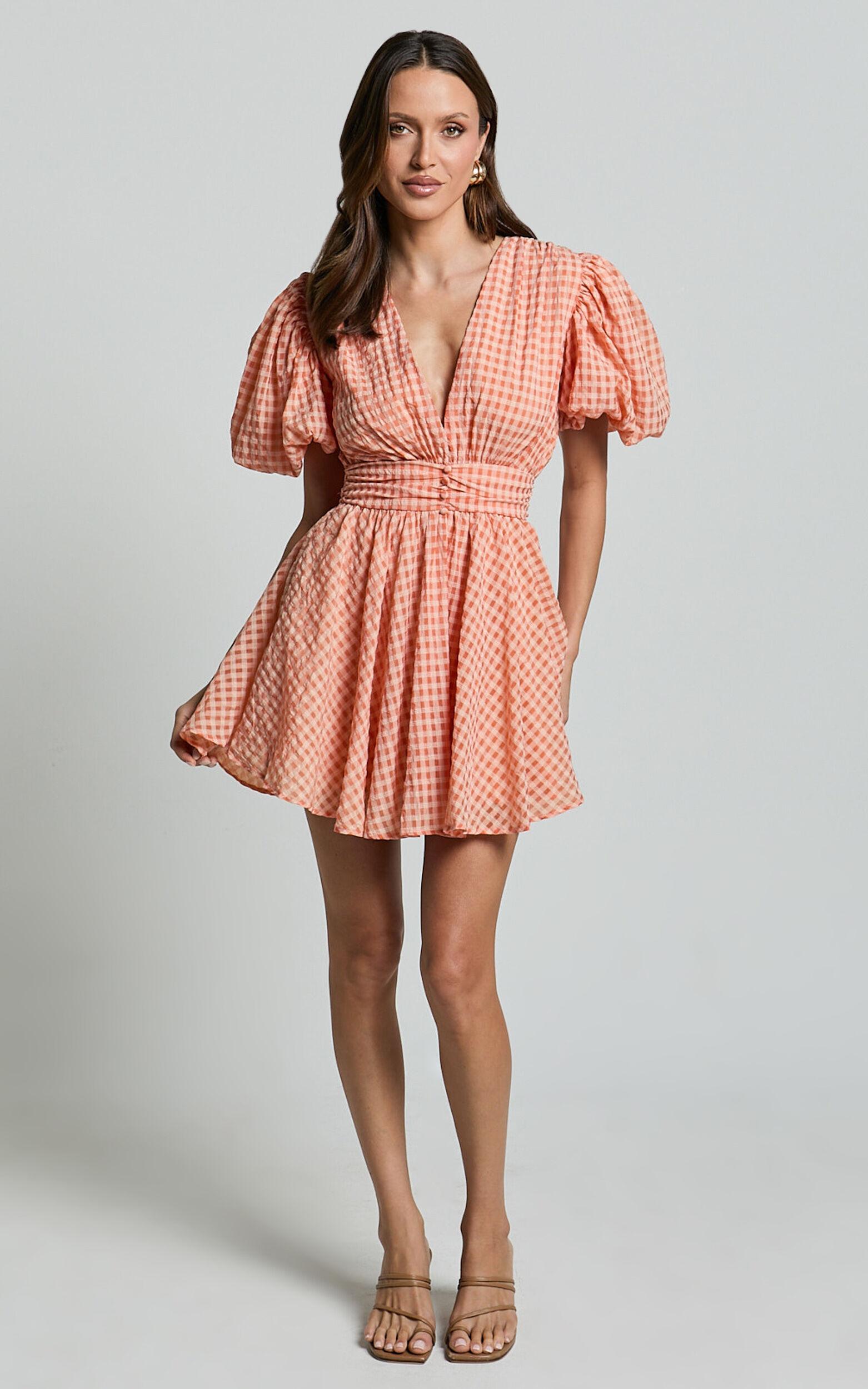 Xandy Mini Dress - Textured Puff Sleeve Plunge Dress in Peach Product Image