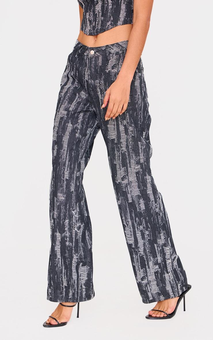 Black Jacquard Style Wide Leg Jeans Product Image