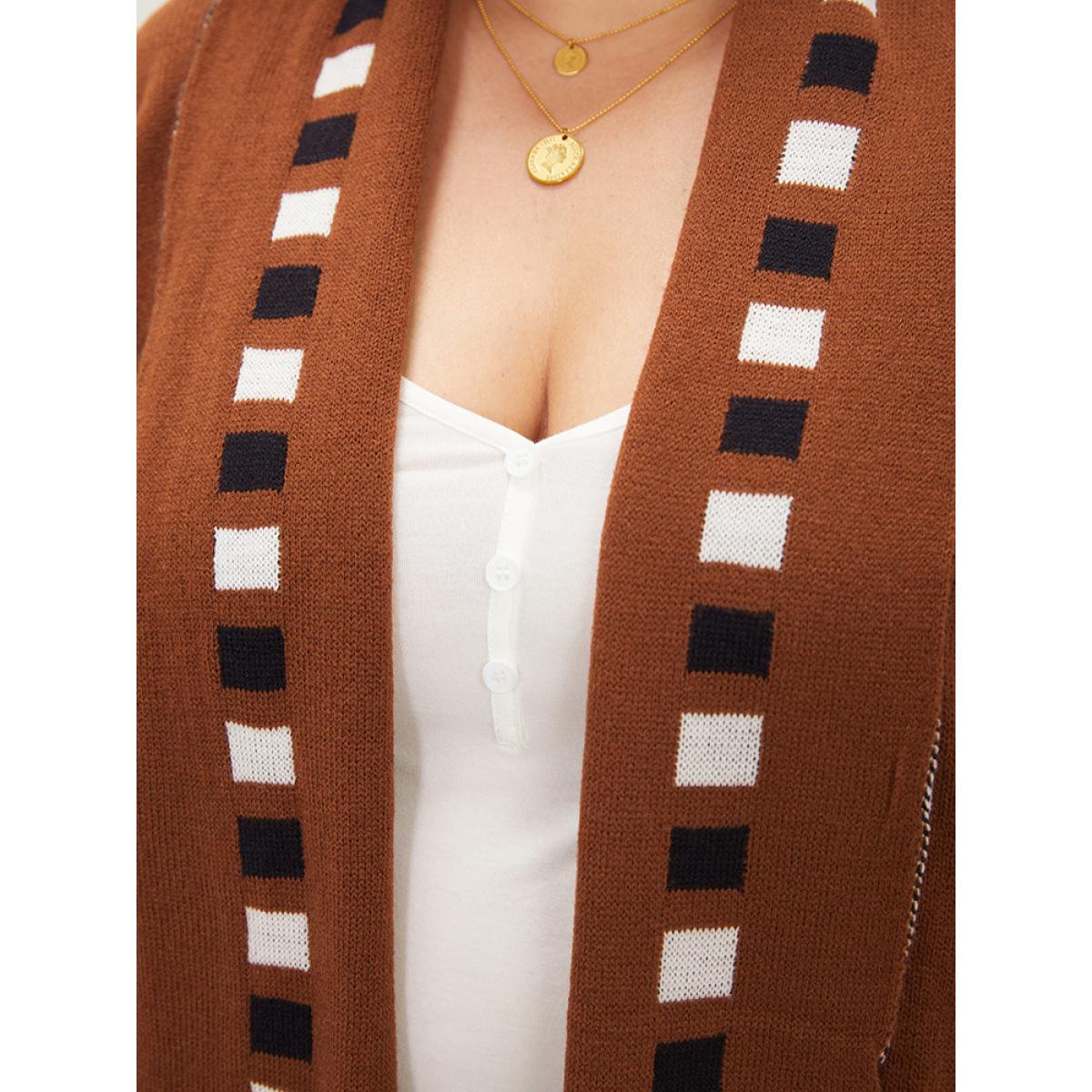 Plus Size Geometric Tassel Trim Open Front Cardigan Maroon Women Casual Loose Long Sleeve Dailywear Cardigans BloomChic 14-16/1X Product Image