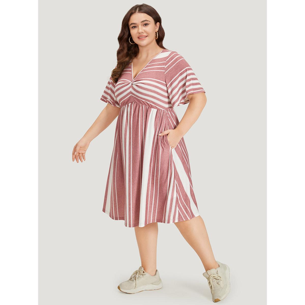 Plus Size Striped Print Pocket Twist Front Dress DustyPink Women Casual Elastic Waist V-neck Short sleeve Curvy Midi Dress BloomChic 22-24/3X Product Image