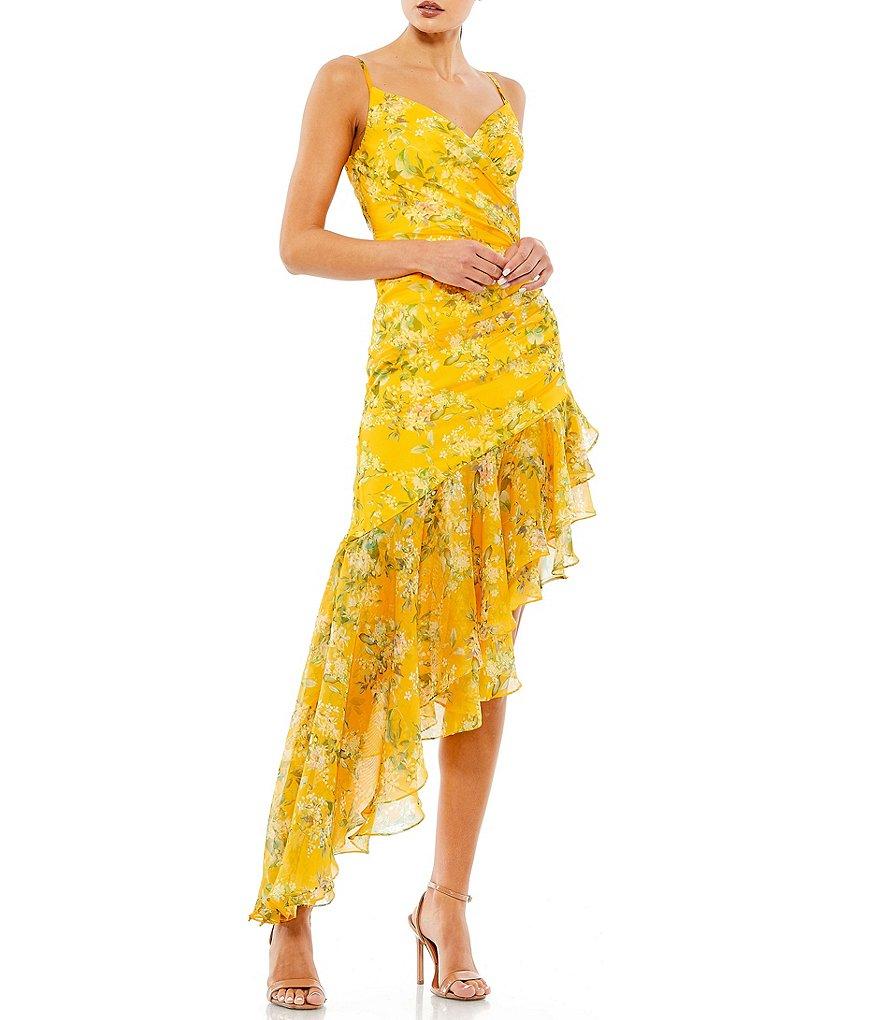 Mac Duggal Floral Chiffon V-Neck Sleeveless Asymmetrical Ruffle Hem Dress Product Image