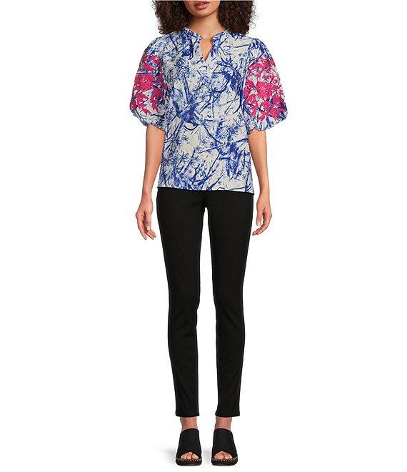 Calessa Petite Size Embroidered Printed Ruffled Split V-Neck Elbow Length Sleeve Tunic Product Image