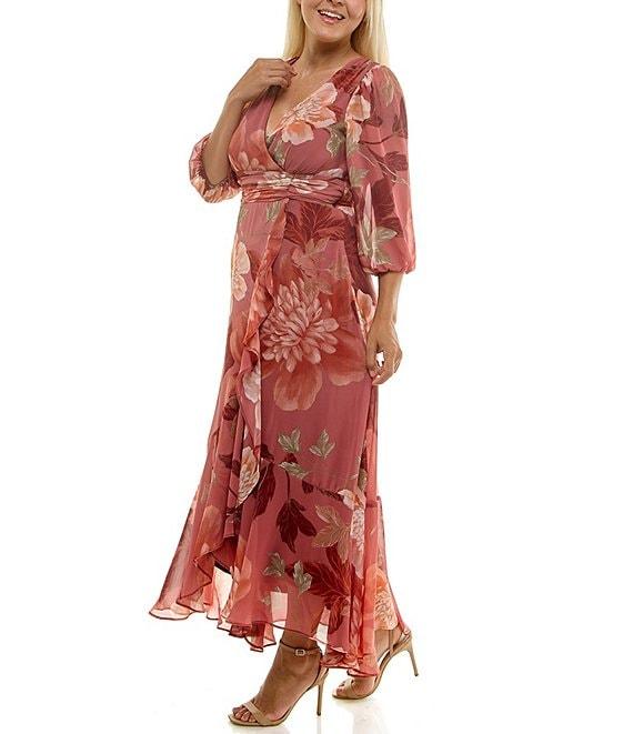 Moda Tara Plus Size Floral Print Chiffon 3/4 Sleeve High Low Skirt Dress Product Image