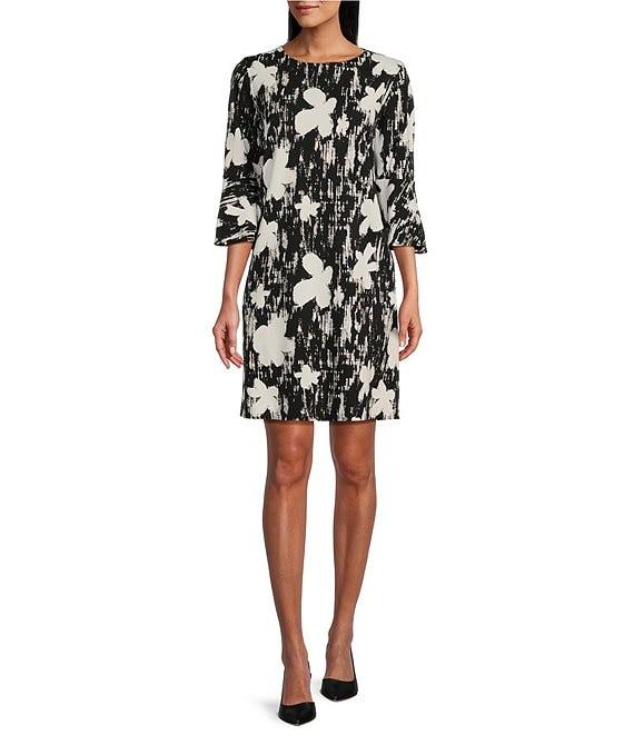 Caroline Rose Bella Dancing Floral Knit Scoop Neck 3/4 Bell Sleeve Dress Product Image