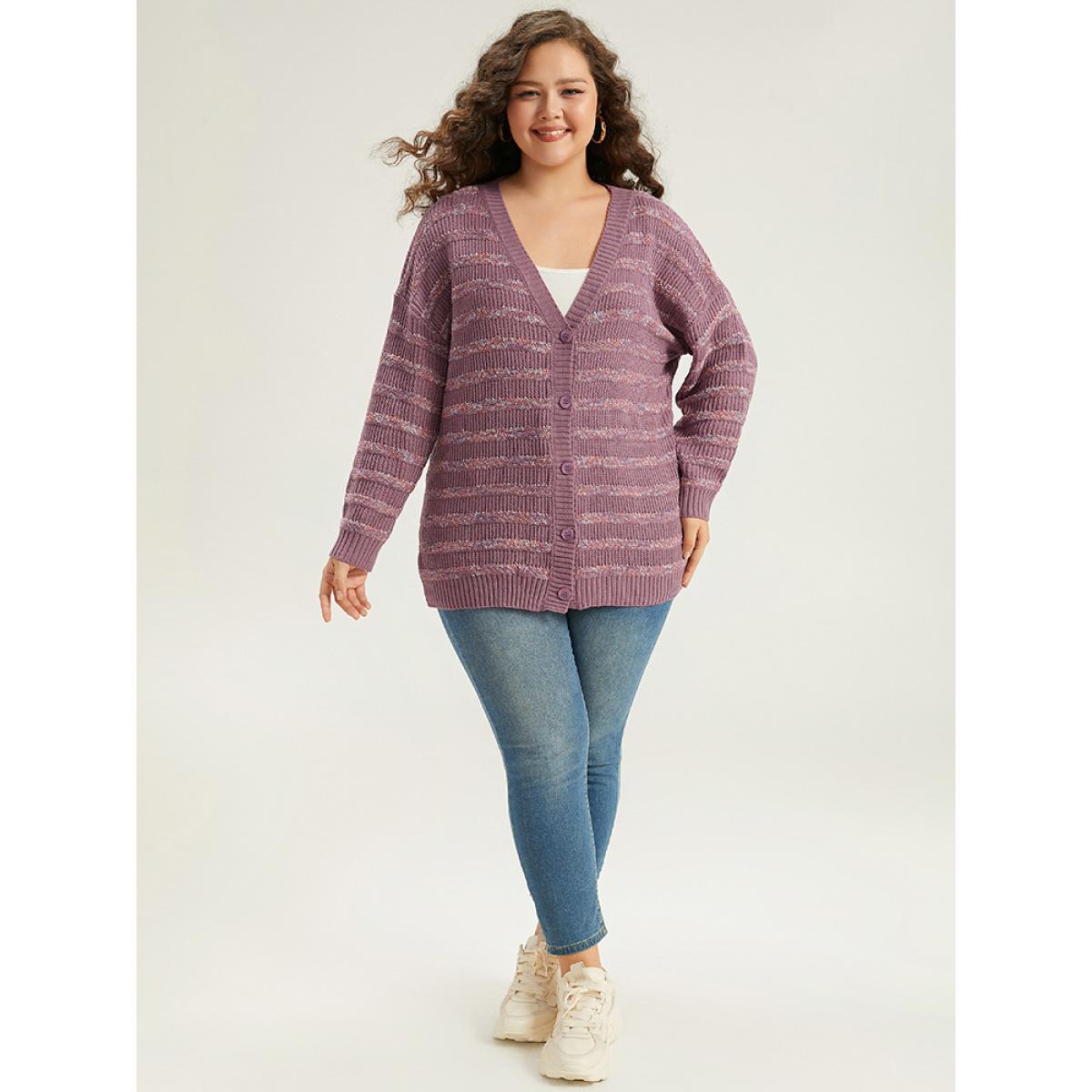 Plus Size Contrast Drop Shoulder Button Through Cardigan Mauve Women Casual Loose Long Sleeve Dailywear Cardigans BloomChic 30/6X Product Image