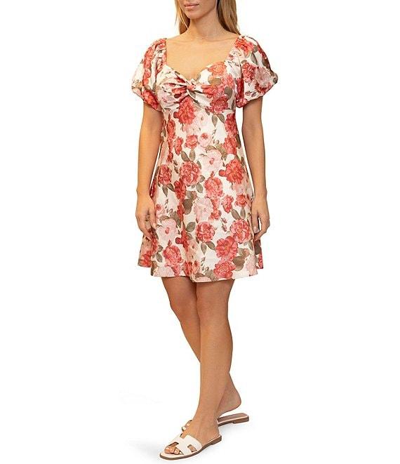 Stevie By Steve Madden Satin Floral Print Twist Front Puff Sleeve Open Tie Back Dress Product Image