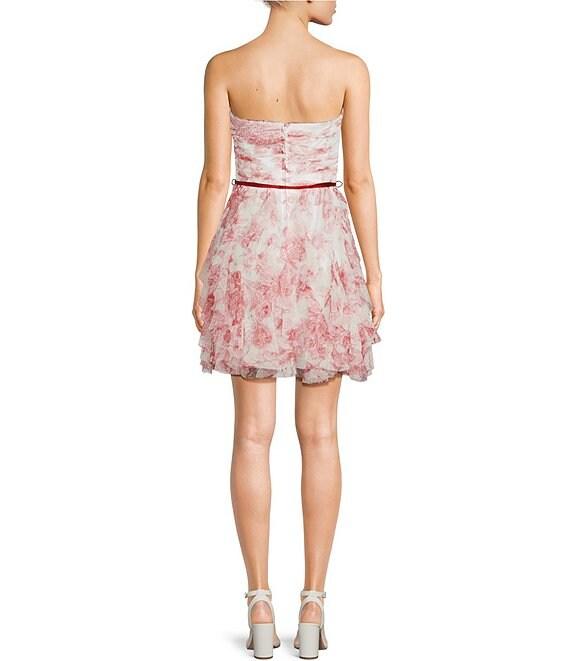 Pear Culture Floral Printed Mesh Sweetheart Neck Tie Front Tiered Ruffle Dress Product Image